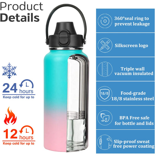 1L Drinking Insulated Vacuum Stainless Steel 1 Liter 32oz 64 oz Gym Sports Metal Water Drink Bottle with Straw - Image 2